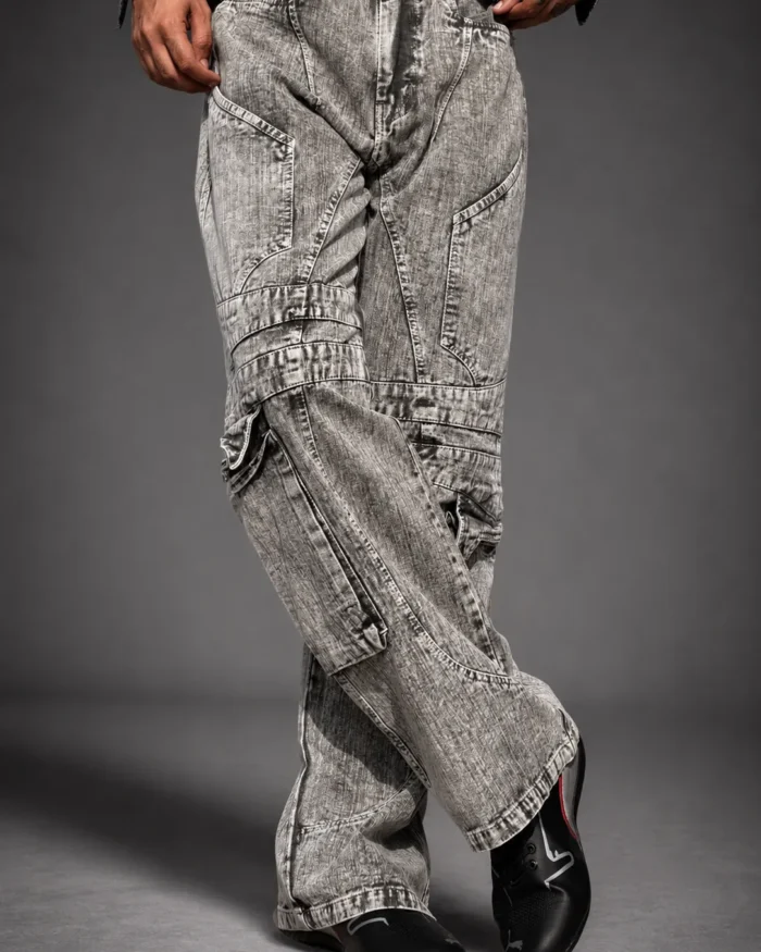 Acid Wash Mineral Grey Multi-Pocket Cargo Jeans