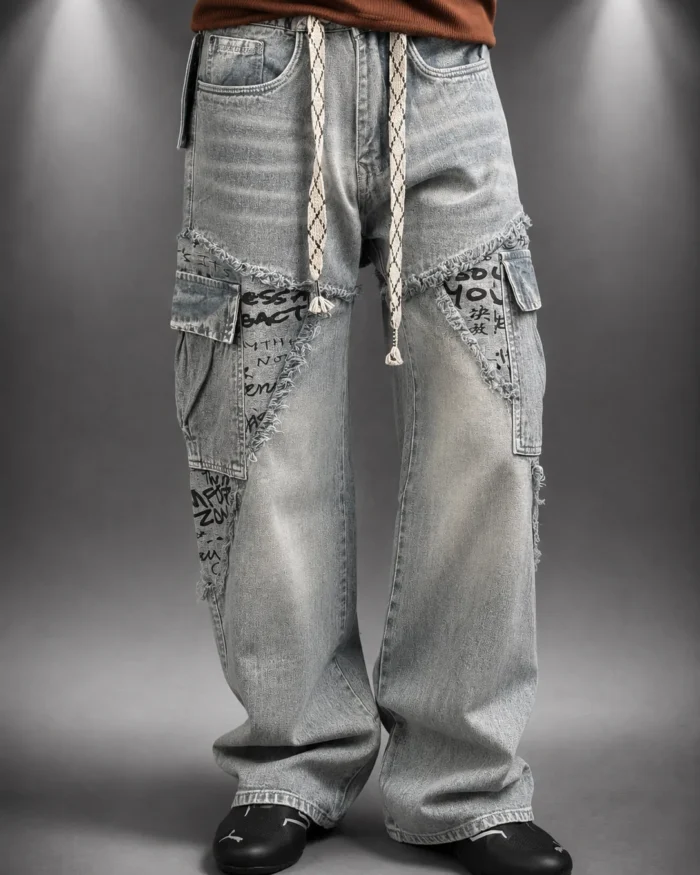 Distressed Multi-Pocket Utility Cargo Jeans (Light Blue)