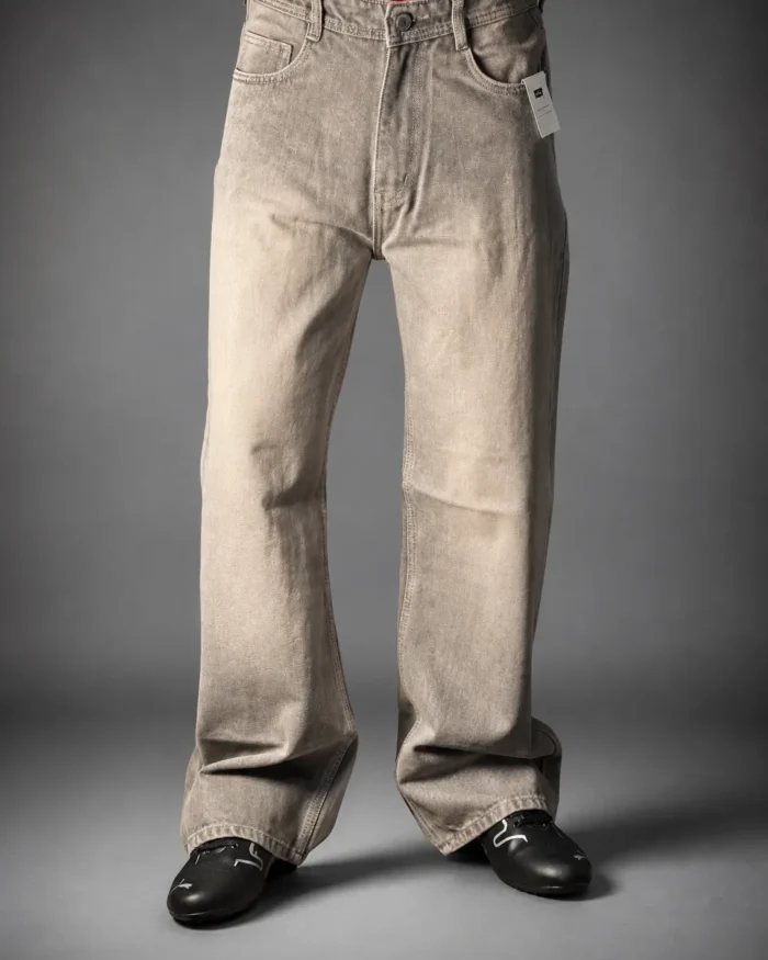 Vintage Beige Washed Wide-Leg Baggy Jeans